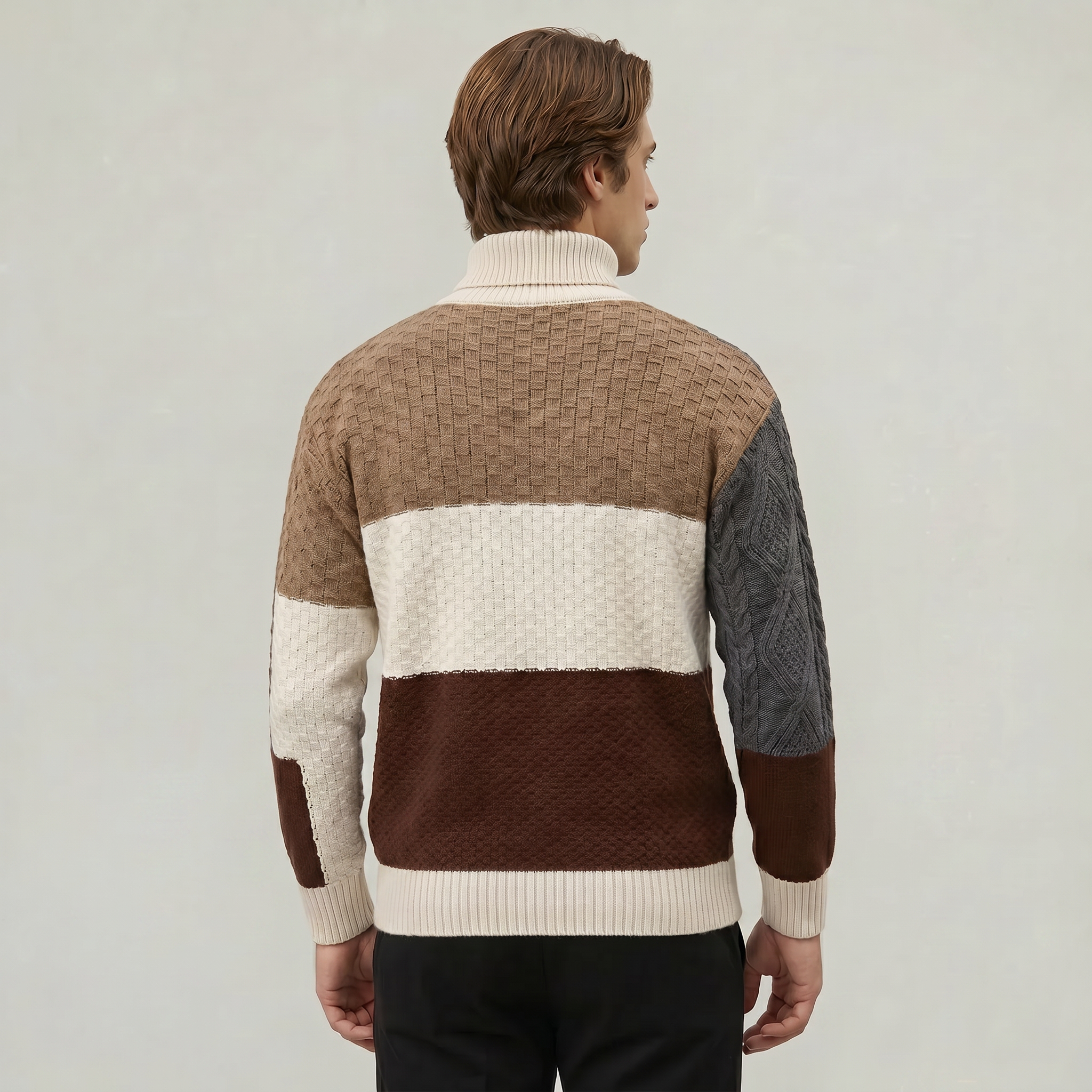 Men’s Cable Knit Sweater - Colour Block Turtleneck Slim Fit