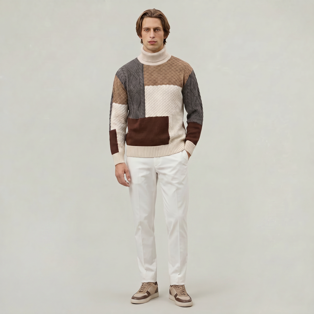 Men’s Cable Knit Sweater - Colour Block Turtleneck Slim Fit
