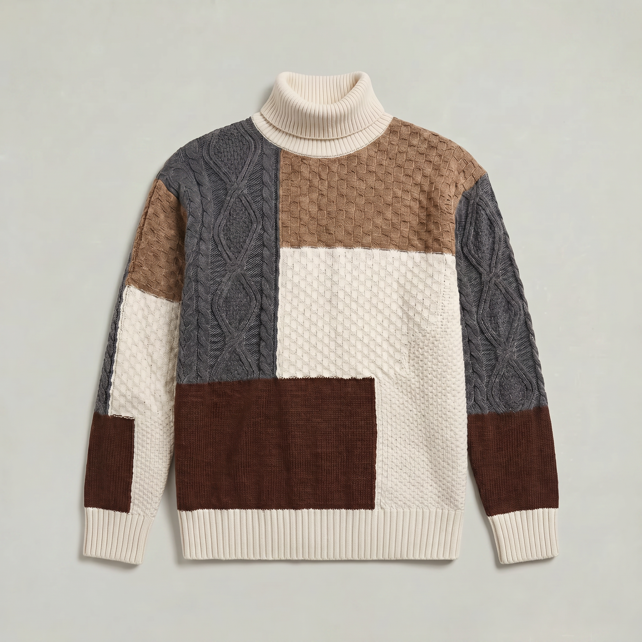 Men’s Cable Knit Sweater - Colour Block Turtleneck Slim Fit