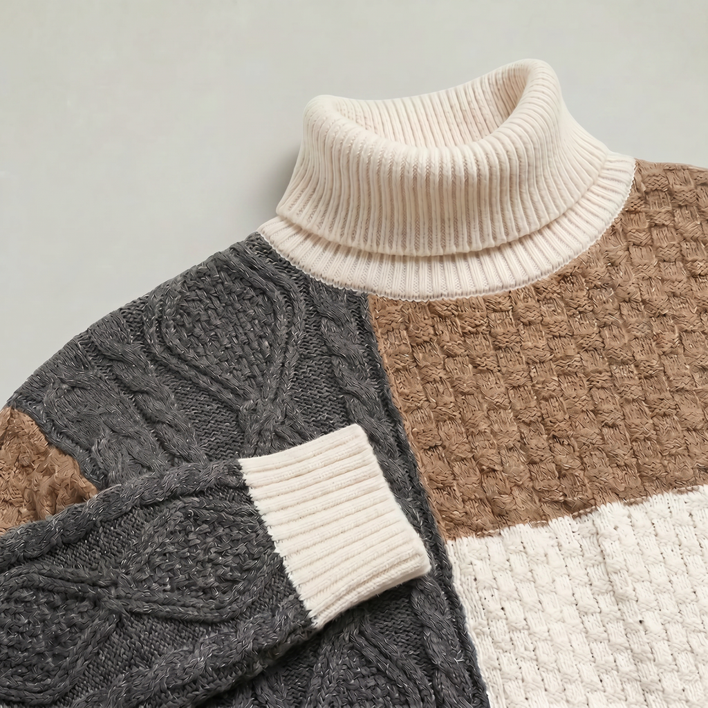 Men’s Cable Knit Sweater - Colour Block Turtleneck Slim Fit