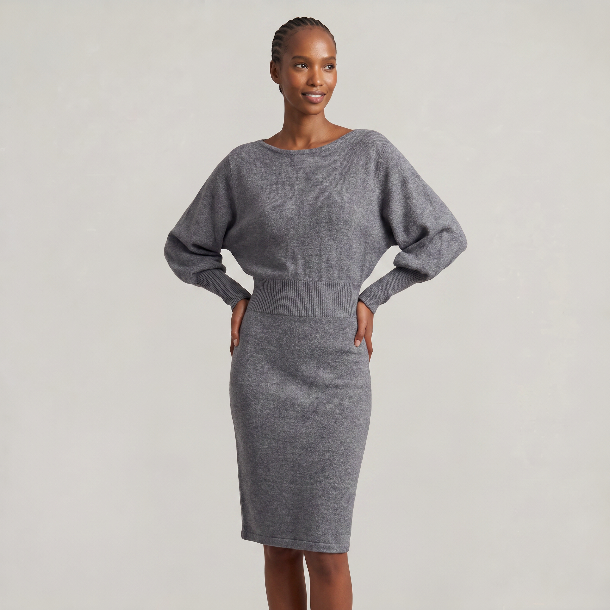 Women’s Knit Sweater Dress - Lantern Sleeve Waist Cinched Fit