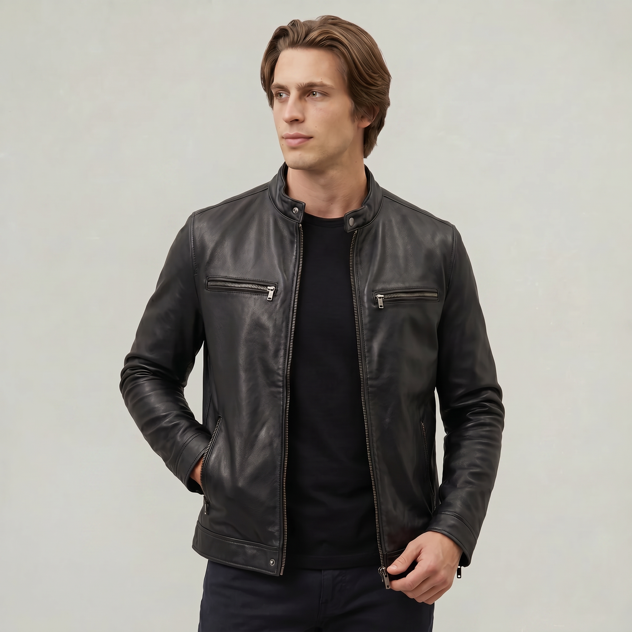 Men's Faux Leather Biker Jacket - Slim Fit Moto Racer Zip Up Jacket
