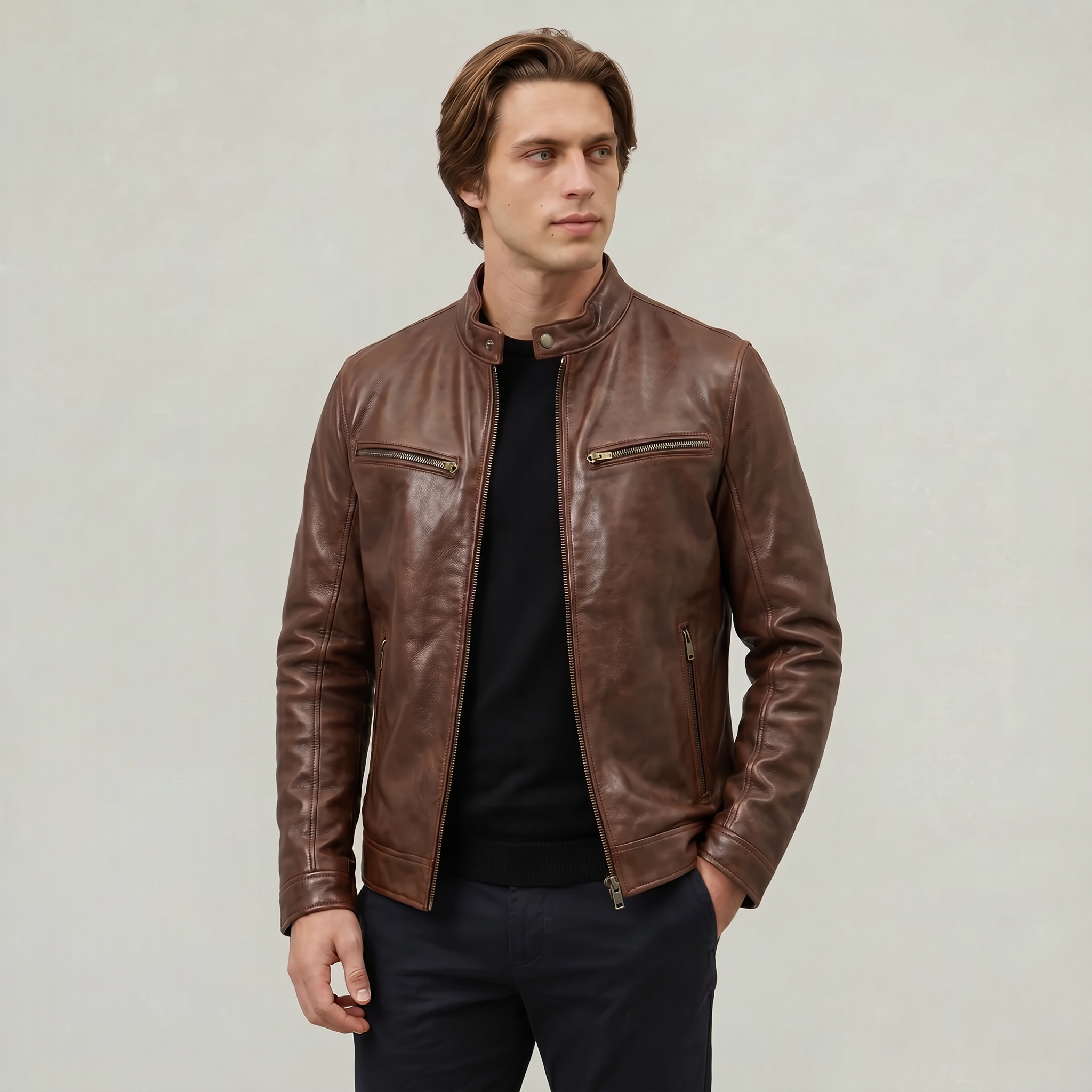Men's Faux Leather Biker Jacket - Slim Fit Moto Racer Zip Up Jacket
