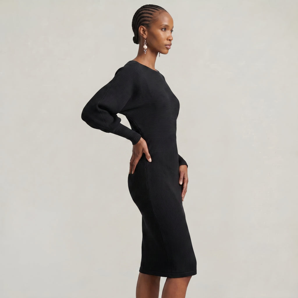 Women’s Knit Sweater Dress - Lantern Sleeve Waist Cinched Fit
