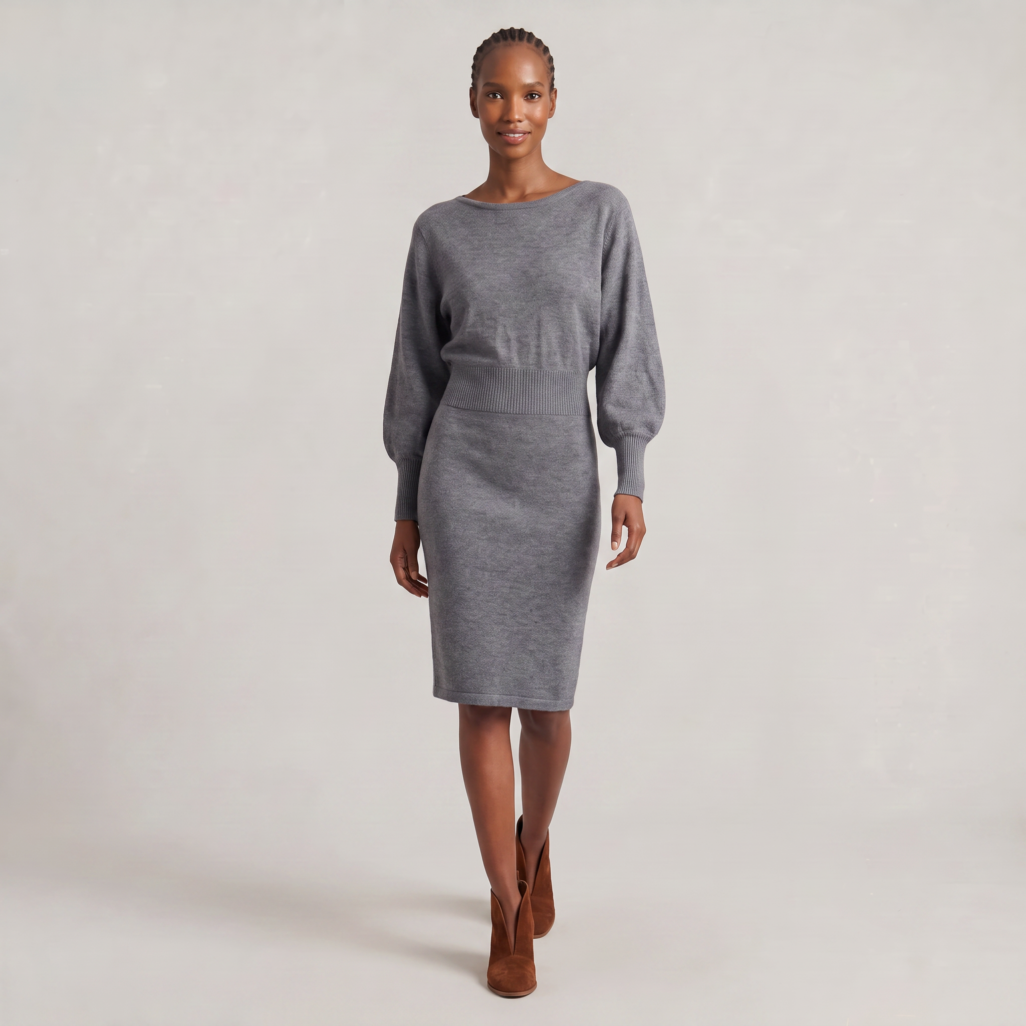 Women’s Knit Sweater Dress - Lantern Sleeve Waist Cinched Fit