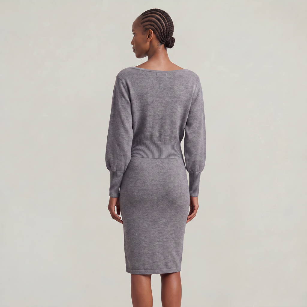 Women’s Knit Sweater Dress - Lantern Sleeve Waist Cinched Fit