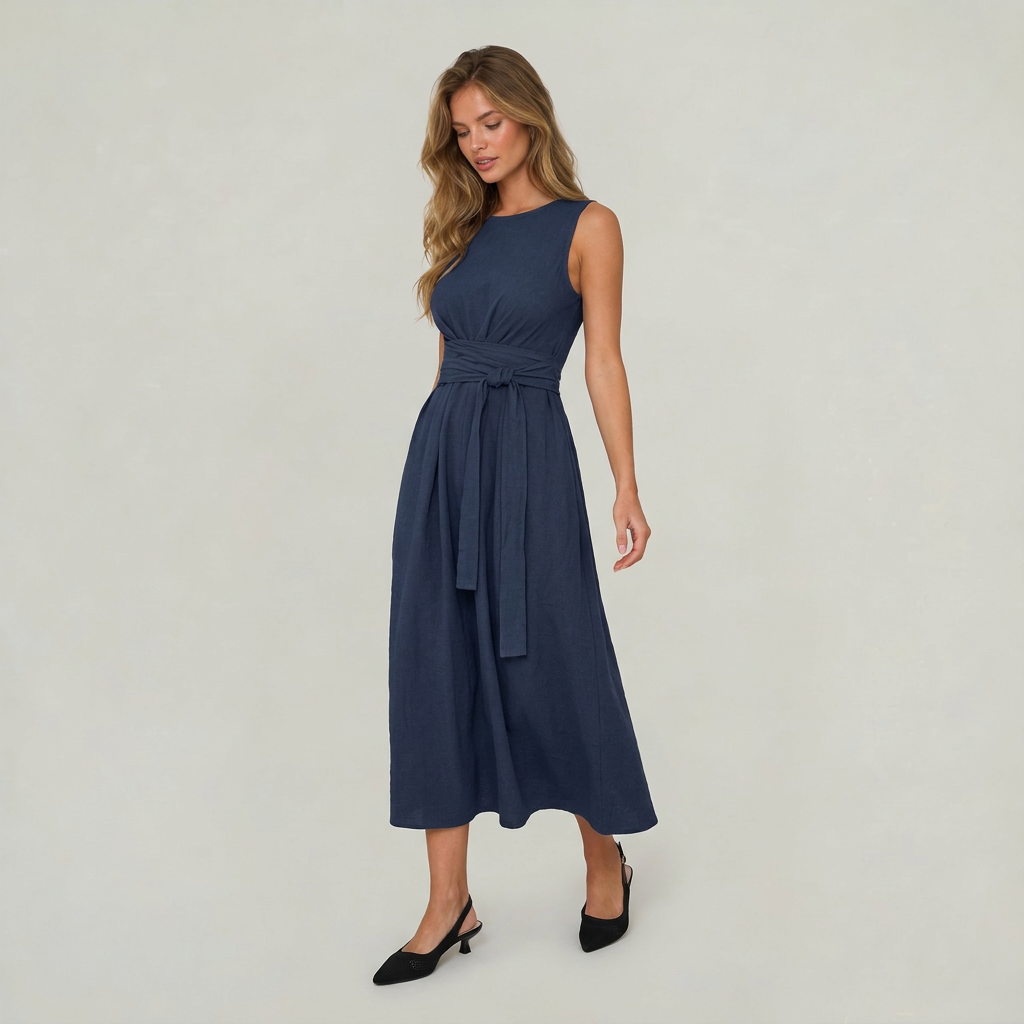 Women’s Midi Dress Tie Waist Sleeveless
