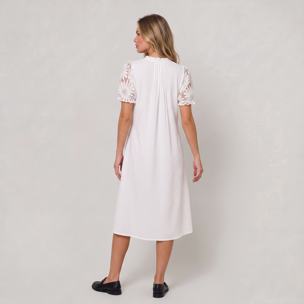 Women’s Button Front Lace Sleeve Midi Dress