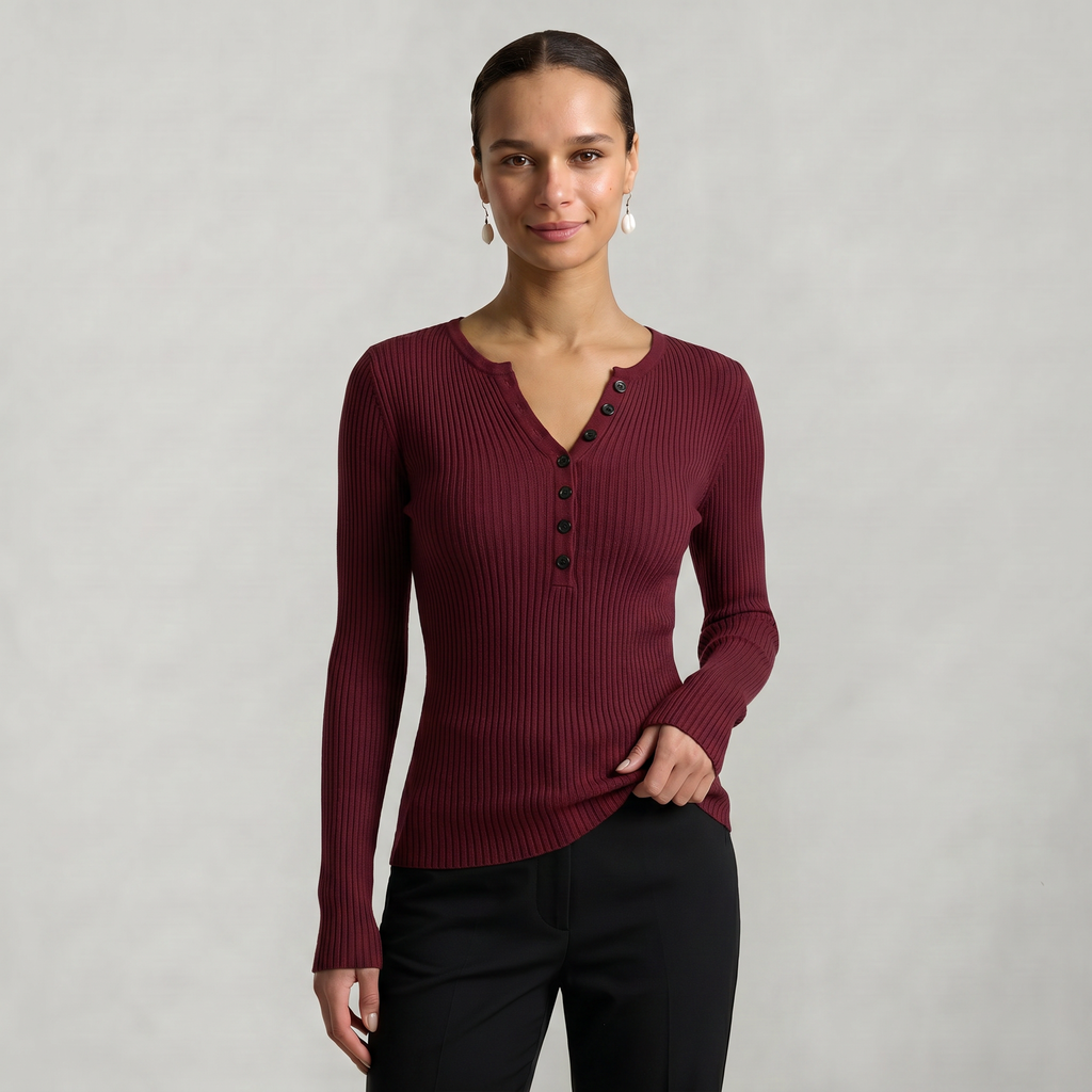 Women’s Long Sleeve Fitted Top - Button Front Slim Fit