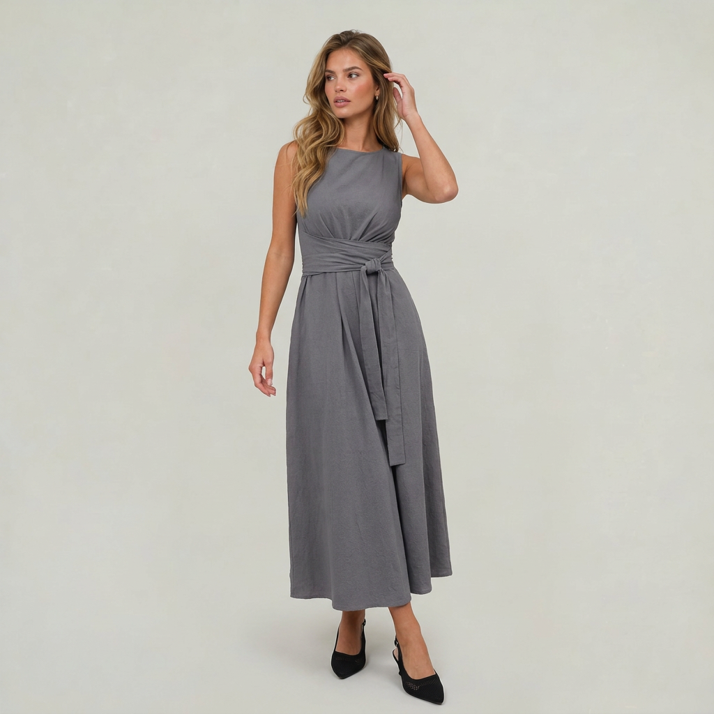 Women’s Midi Dress Tie Waist Sleeveless