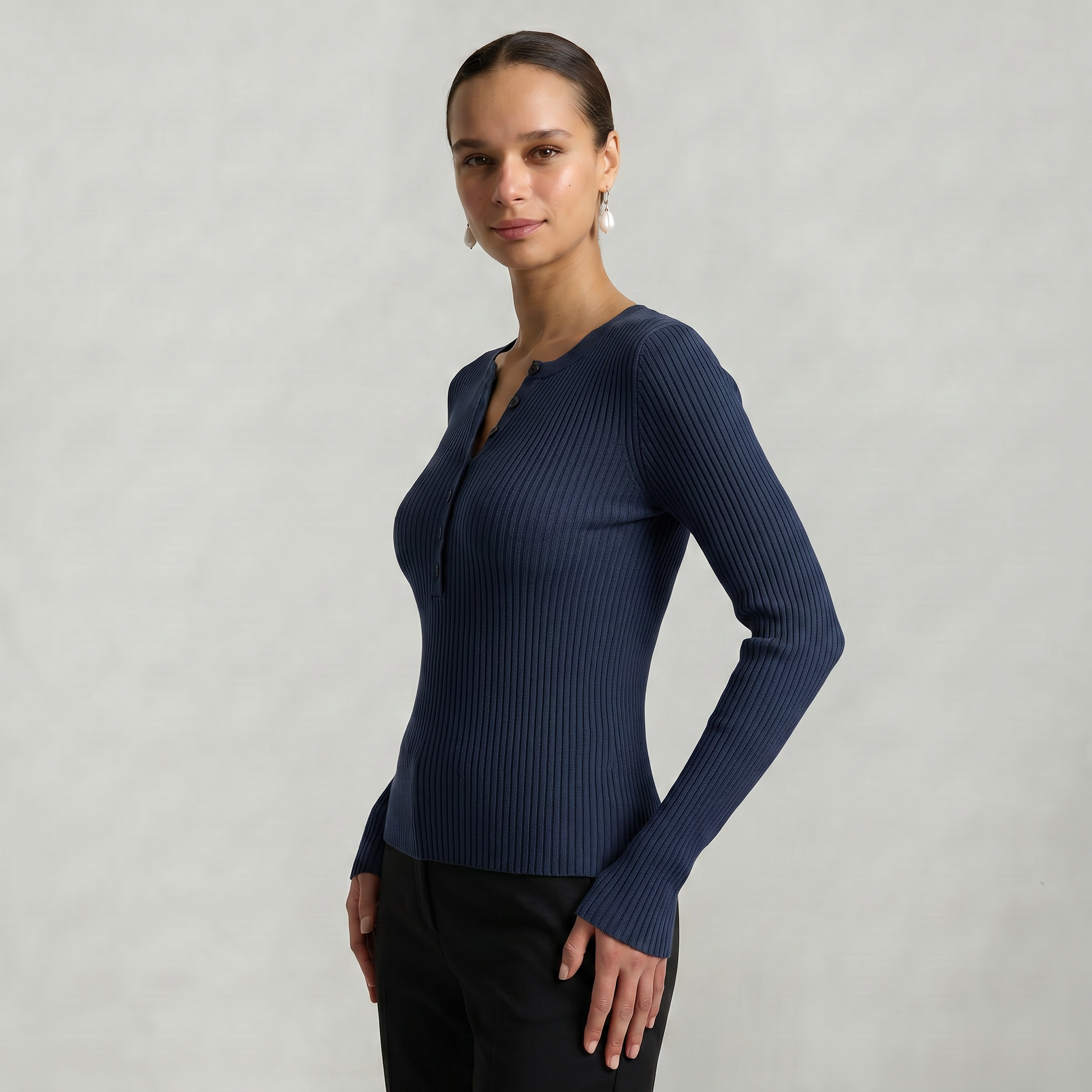 Women’s Long Sleeve Fitted Top - Button Front Slim Fit