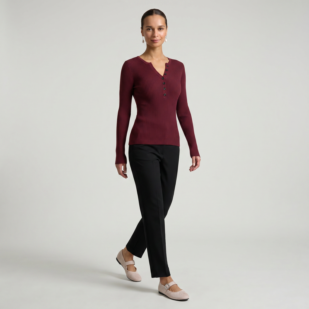 Women’s Long Sleeve Fitted Top - Button Front Slim Fit