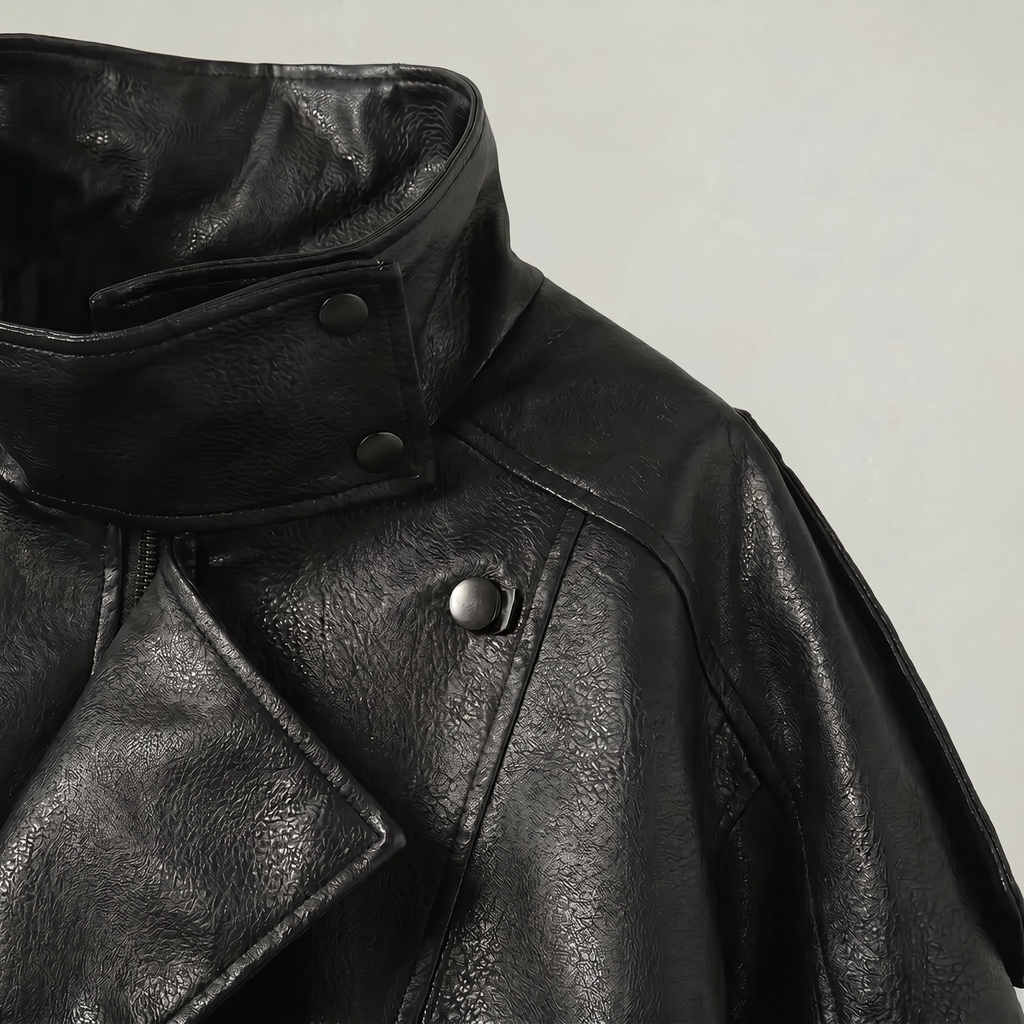 Women’s Faux Leather Stand Neck Jacket - Elastic Hem Loose Cropped Fit