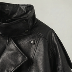 Women’s Faux Leather Stand Neck Jacket - Elastic Hem Loose Cropped Fit