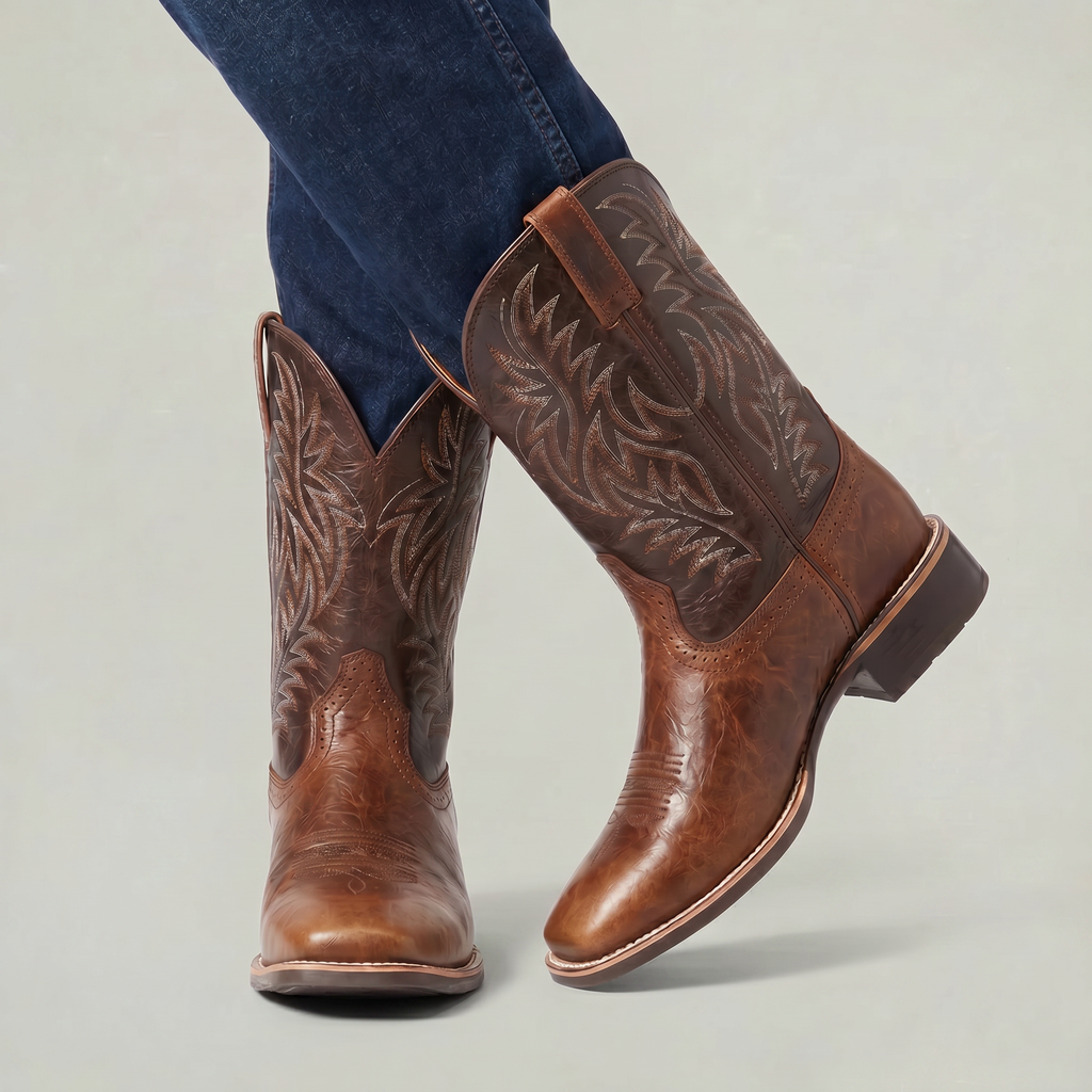 Men’s Square-Toe Western Boots - Pull-On Mid-Calf Cowboy Fit