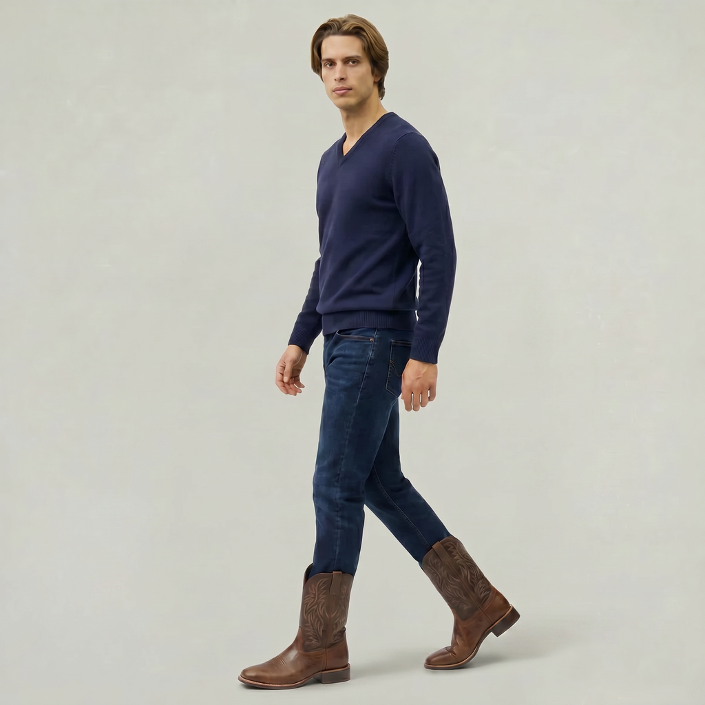 Men’s Square-Toe Western Boots - Pull-On Mid-Calf Cowboy Fit