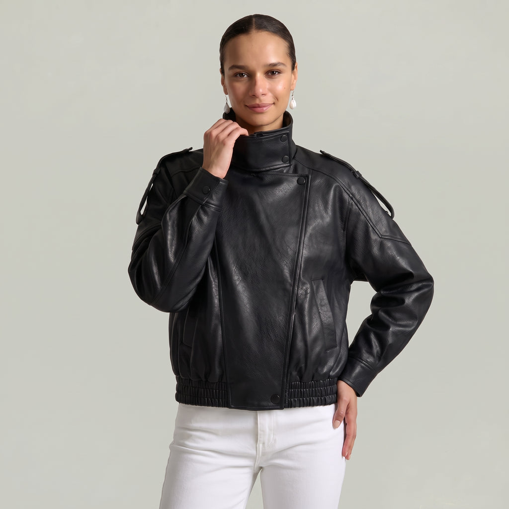 Women’s Faux Leather Stand Neck Jacket - Elastic Hem Loose Cropped Fit