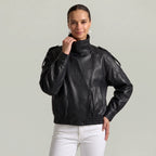 Women’s Faux Leather Stand Neck Jacket - Elastic Hem Loose Cropped Fit