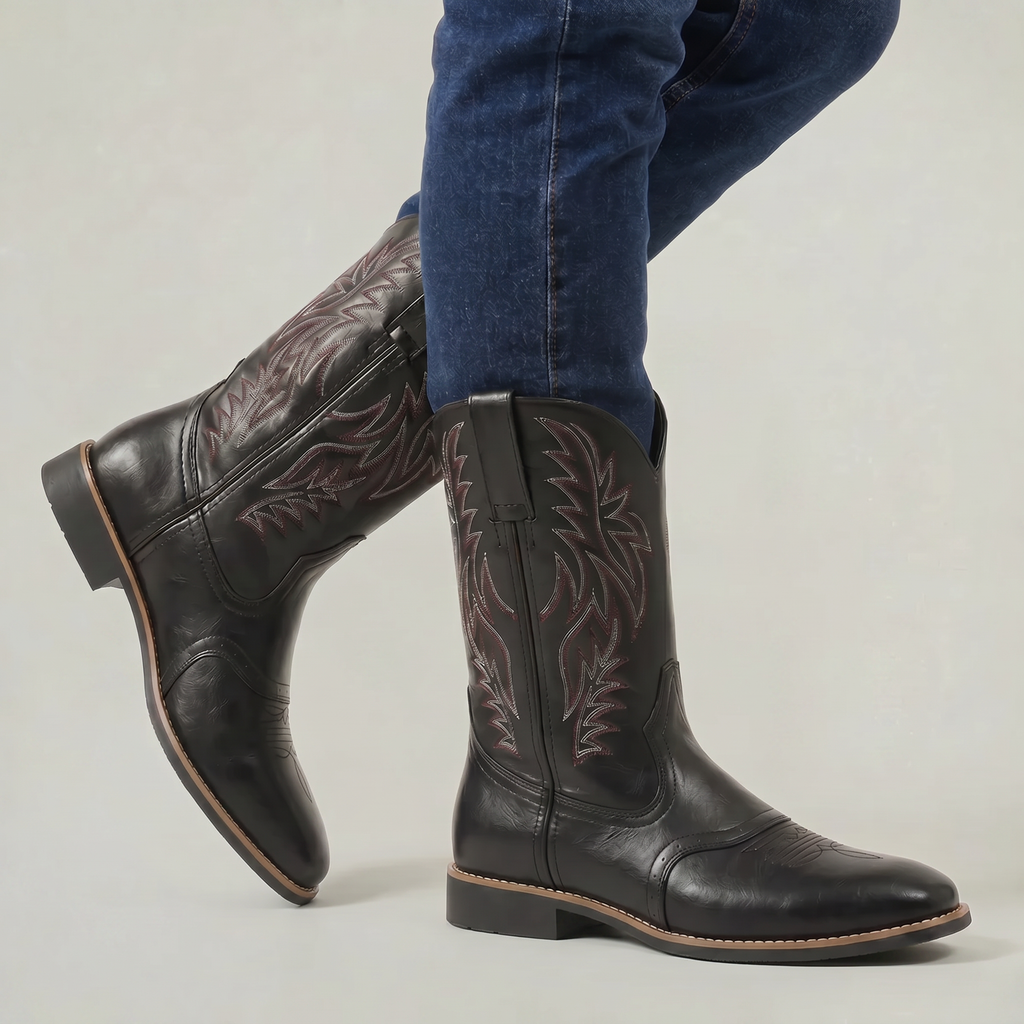Men’s Square-Toe Western Boots - Pull-On Mid-Calf Cowboy Fit