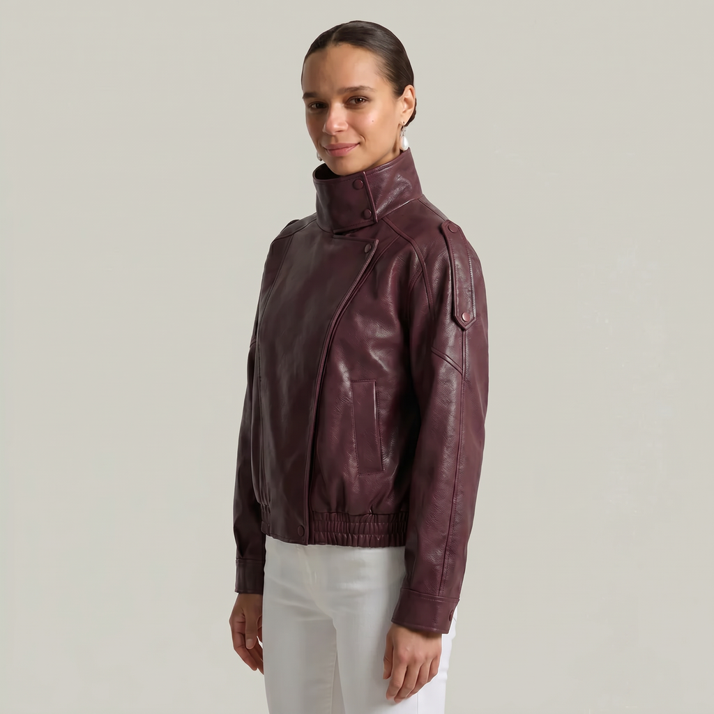 Women’s Faux Leather Stand Neck Jacket - Elastic Hem Loose Cropped Fit