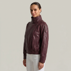 Women’s Faux Leather Stand Neck Jacket - Elastic Hem Loose Cropped Fit