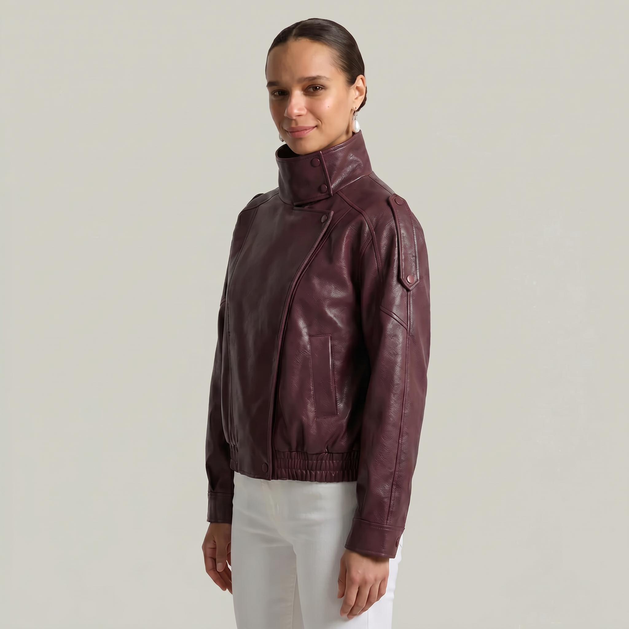 Women’s Faux Leather Stand Neck Jacket - Elastic Hem Loose Cropped Fit