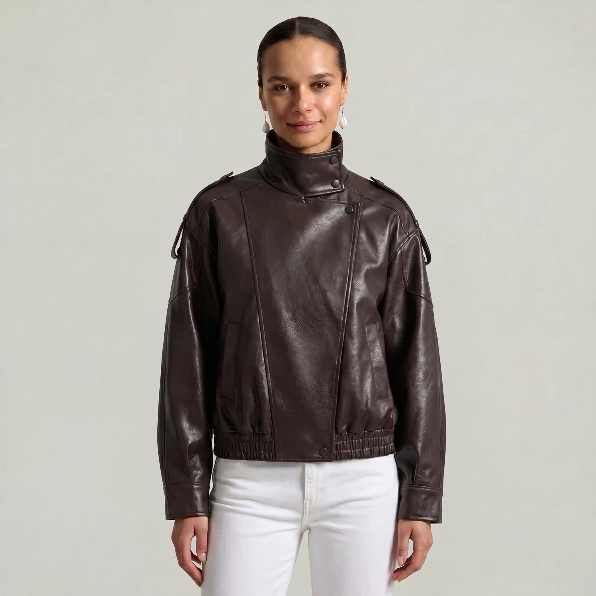 Women’s Faux Leather Stand Neck Jacket - Elastic Hem Loose Cropped Fit