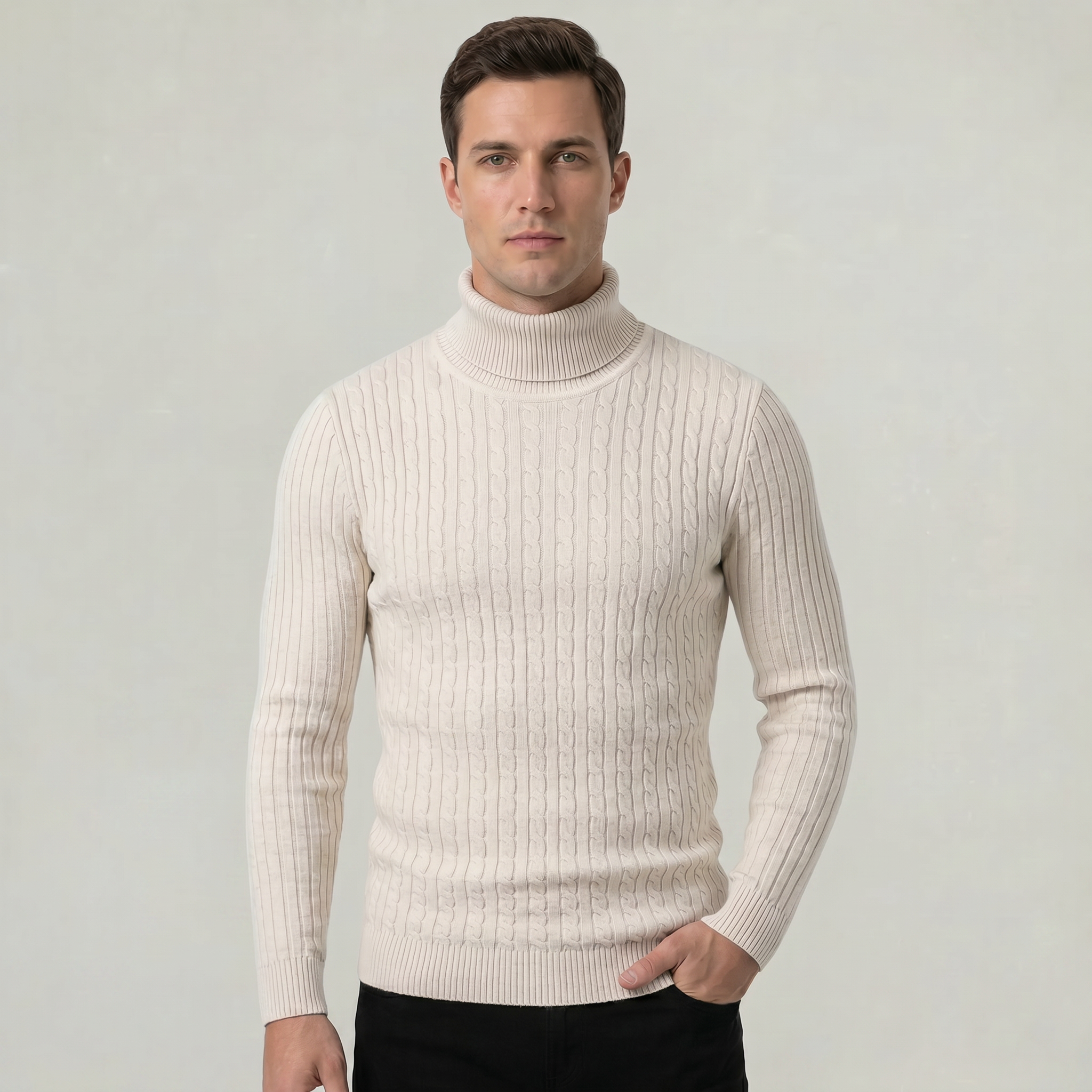 Men’s Cable Knit High-Neck Sweater - Slim Fit