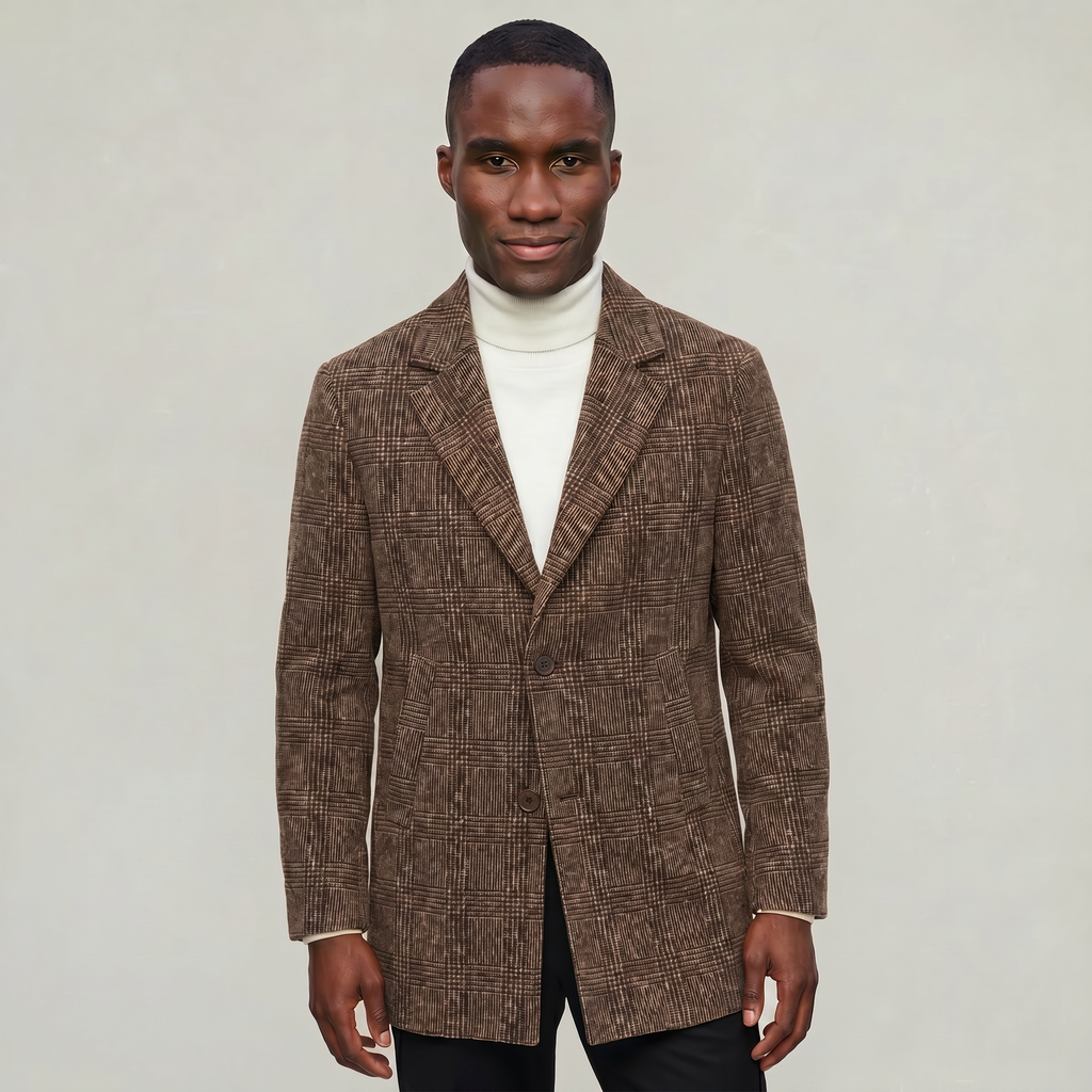 Men’s Checked Overcoat - Single Breasted Smart Casual Long Coat