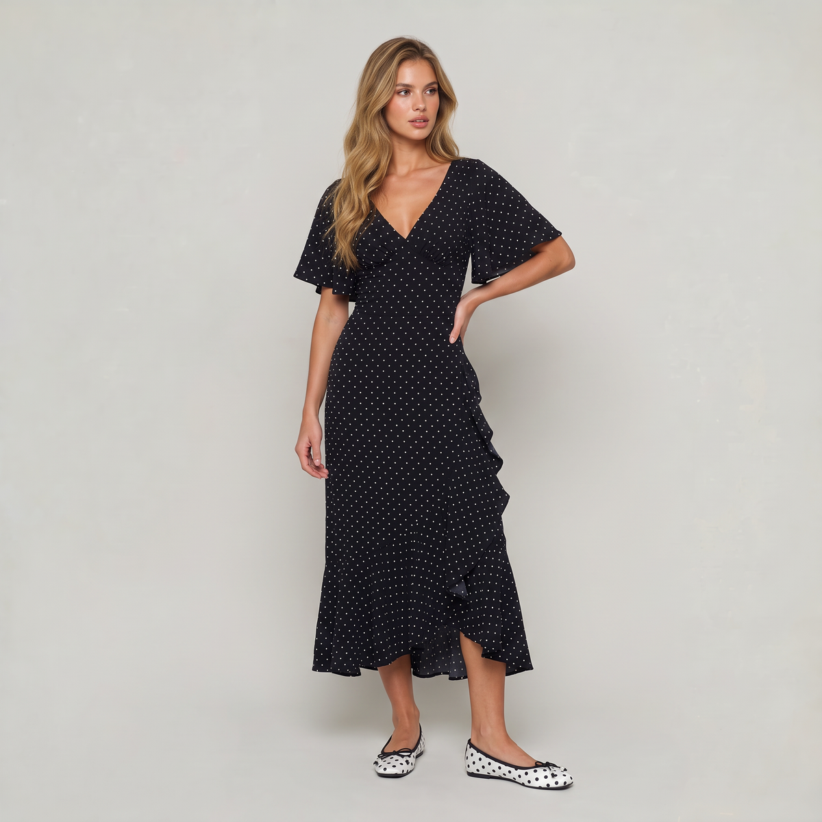 Women’s Polka Dot Wrap Front Midi Dress