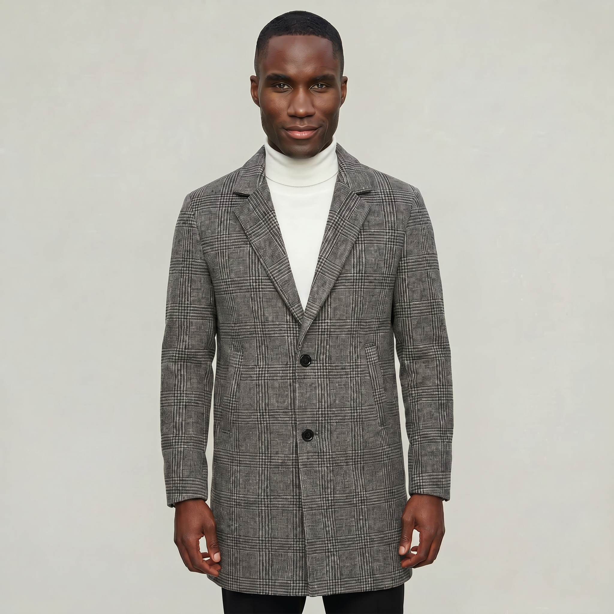Men’s Checked Overcoat - Single Breasted Smart Casual Long Coat