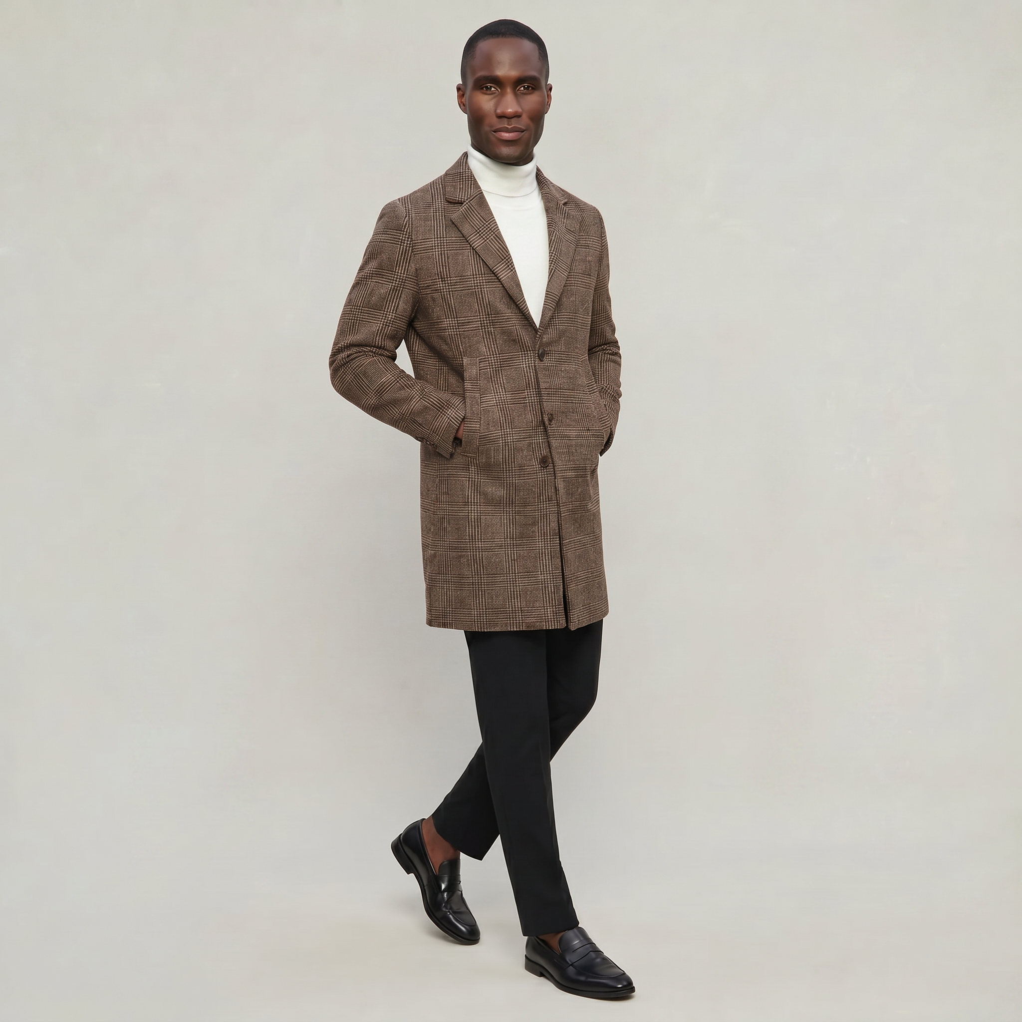 Men’s Checked Overcoat - Single Breasted Smart Casual Long Coat