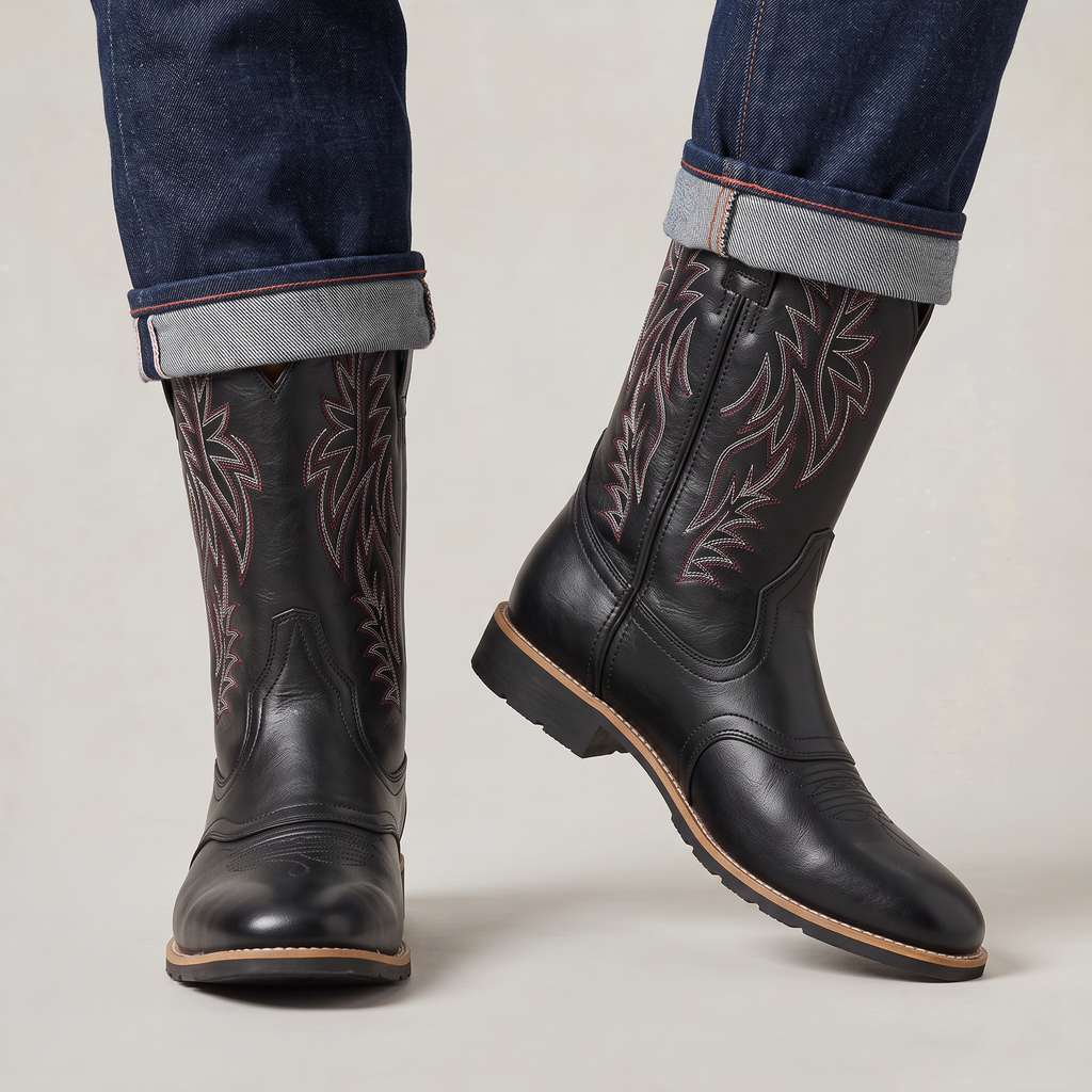 Men’s Square-Toe Western Boots - Pull-On Mid-Calf Cowboy Fit