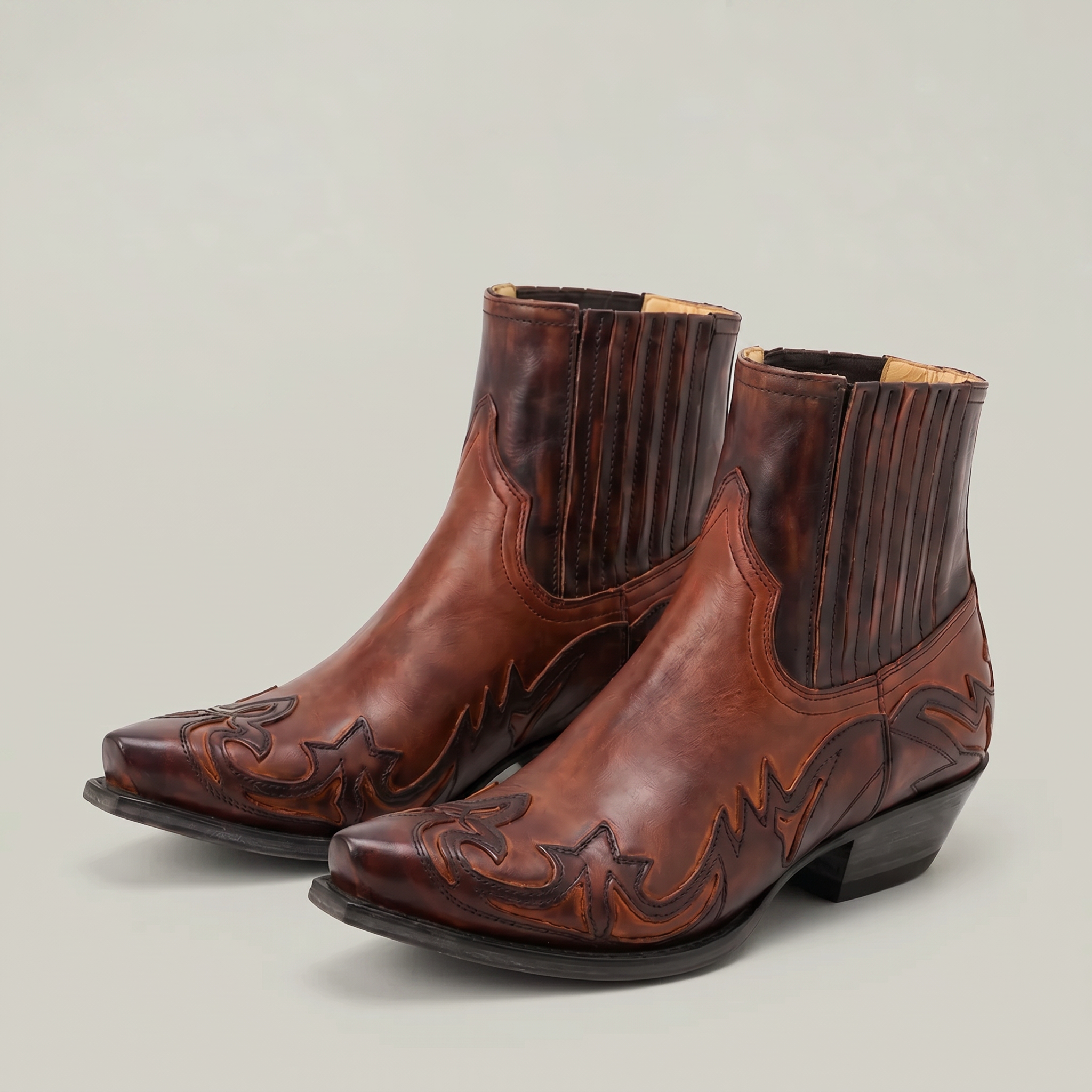 Men’s Burnt Flower Western Boots - Square Toe Chelsea Fit