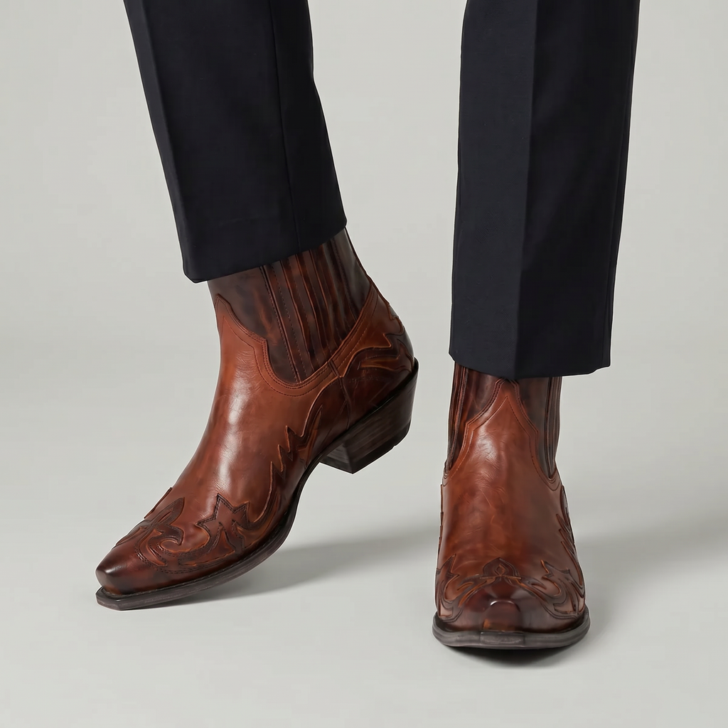 Men’s Burnt Flower Western Boots - Square Toe Chelsea Fit