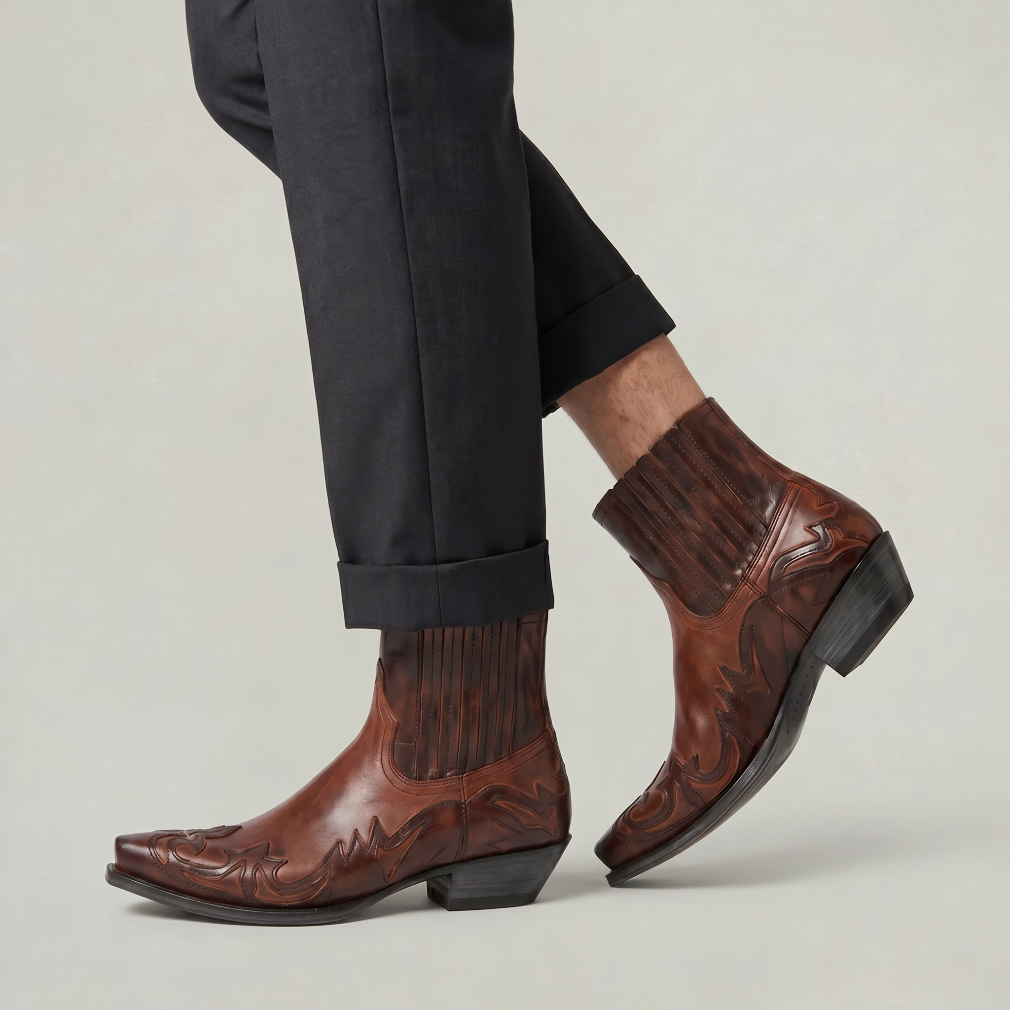 Men’s Burnt Flower Western Boots - Square Toe Chelsea Fit