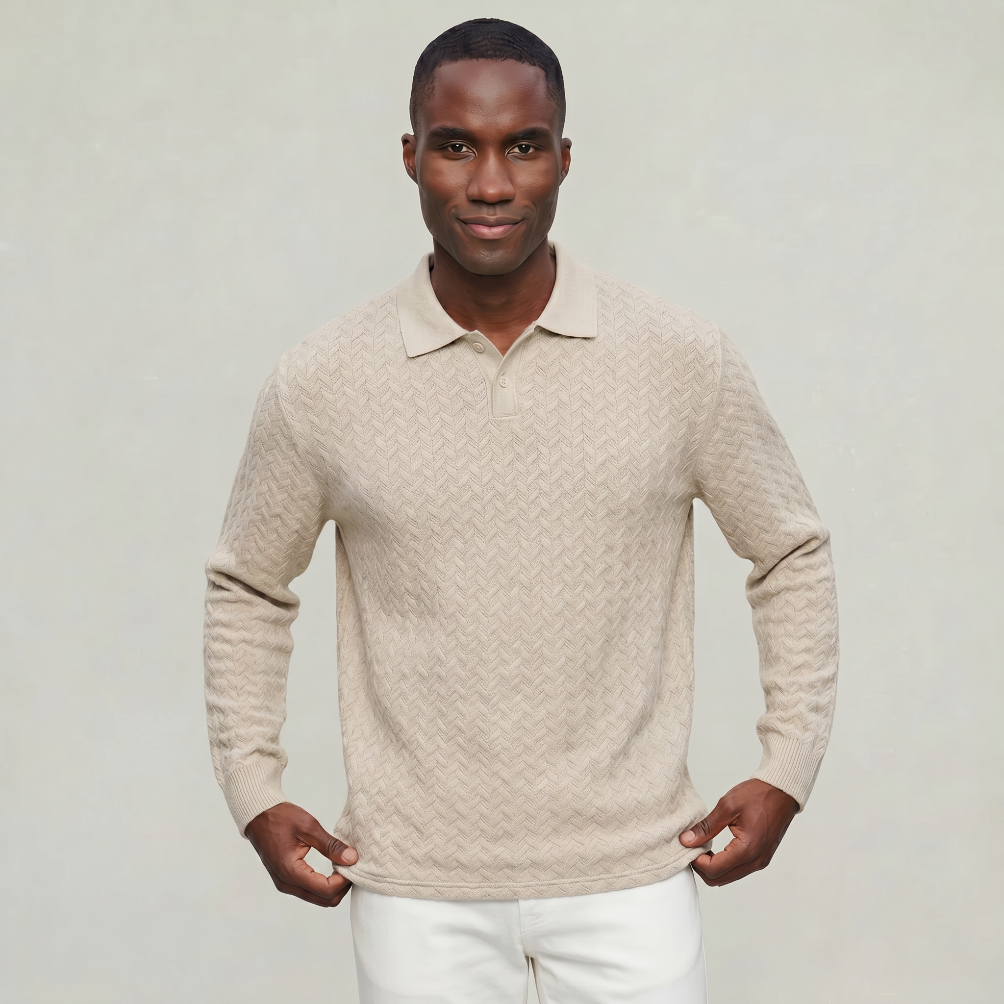 Men’s Cable Knit Polo Sweater - Long Sleeve Business Casual Shirt