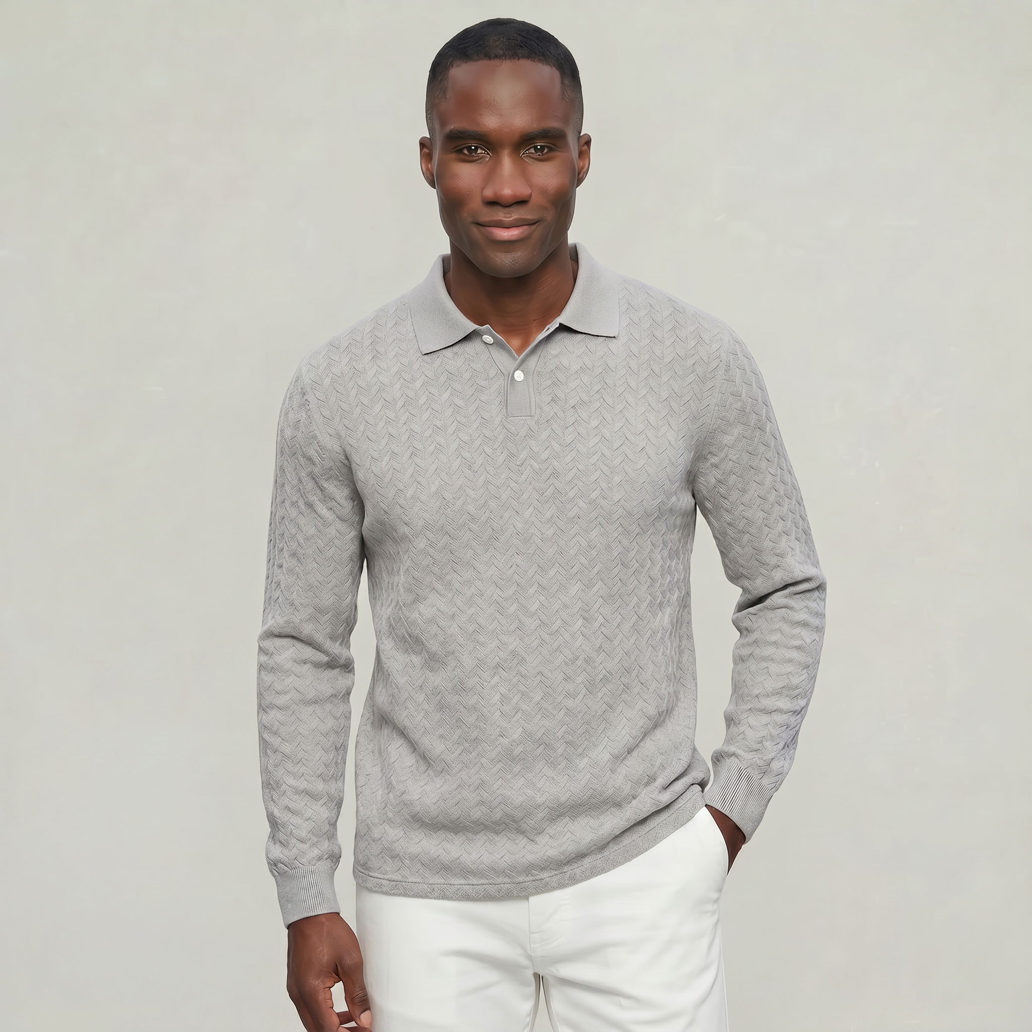 Men’s Cable Knit Polo Sweater - Long Sleeve Business Casual Shirt