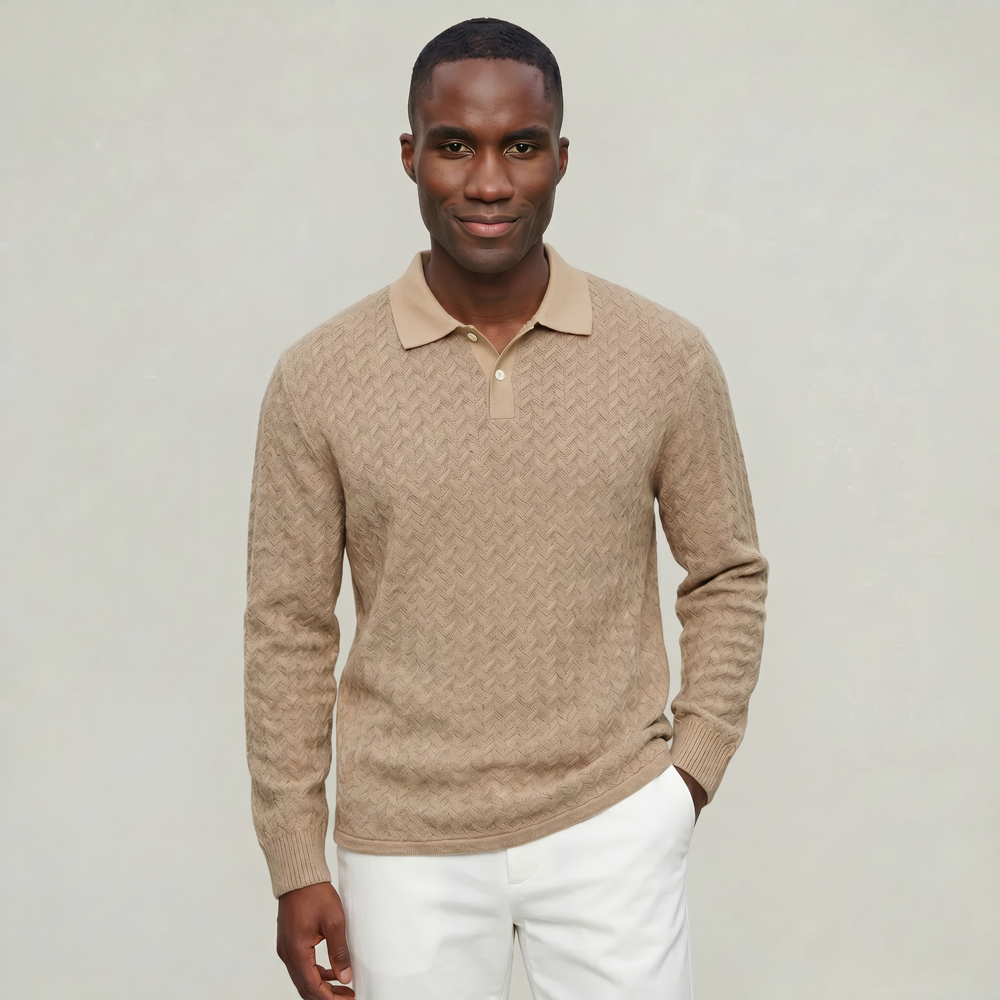 Men’s Cable Knit Polo Sweater - Long Sleeve Business Casual Shirt