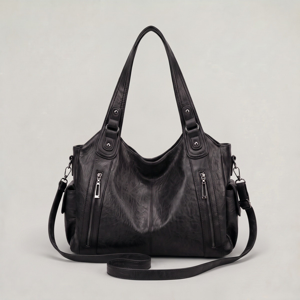 Women’s Crinkled Leather-Effect Multi-Pocket Hobo Bag