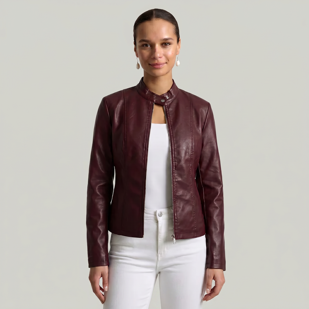 Women’s Faux Leather Jacket - Full Zip Long Sleeve Slim Fit