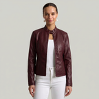 Women’s Faux Leather Jacket - Full Zip Long Sleeve Slim Fit