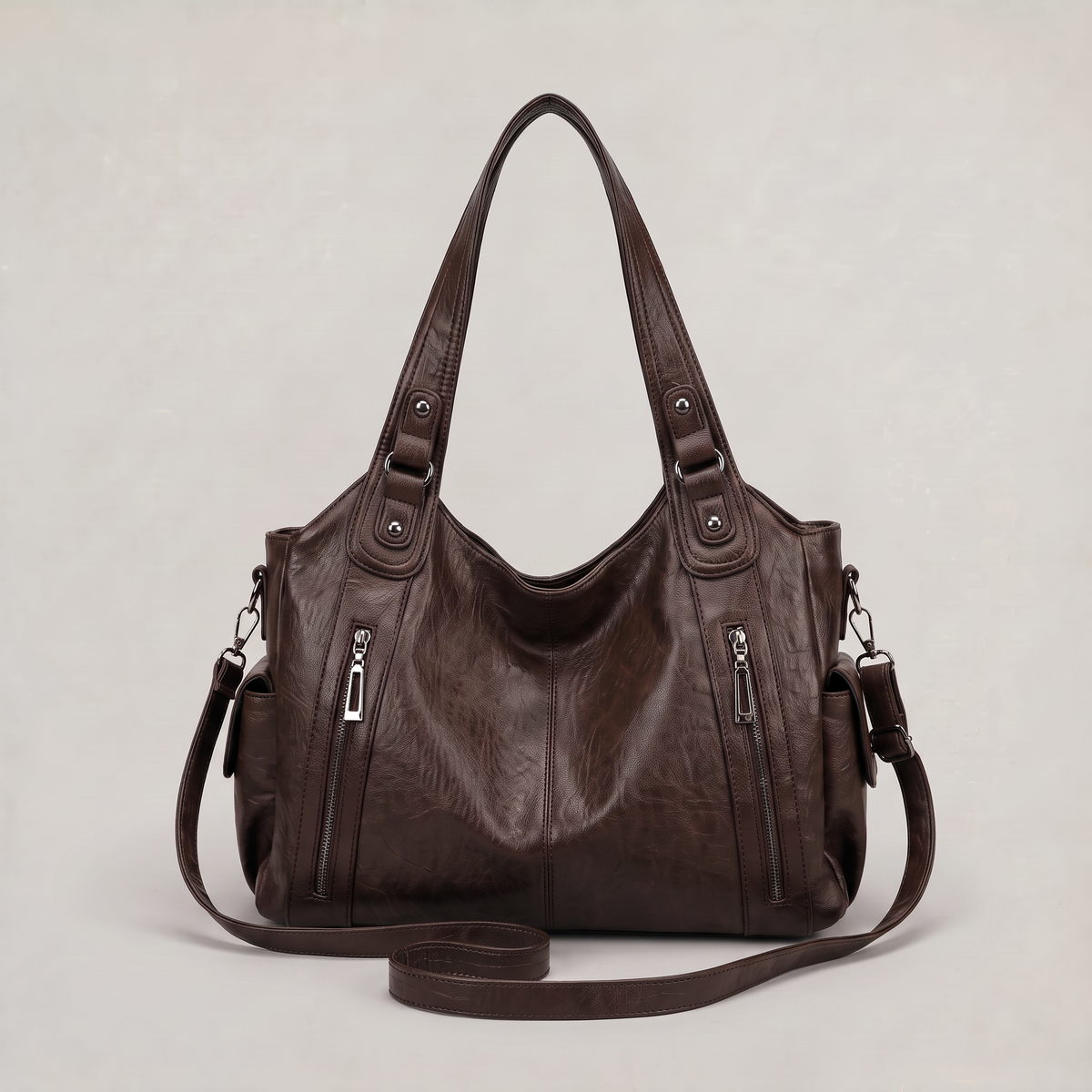Women’s Crinkled Leather-Effect Multi-Pocket Hobo Bag