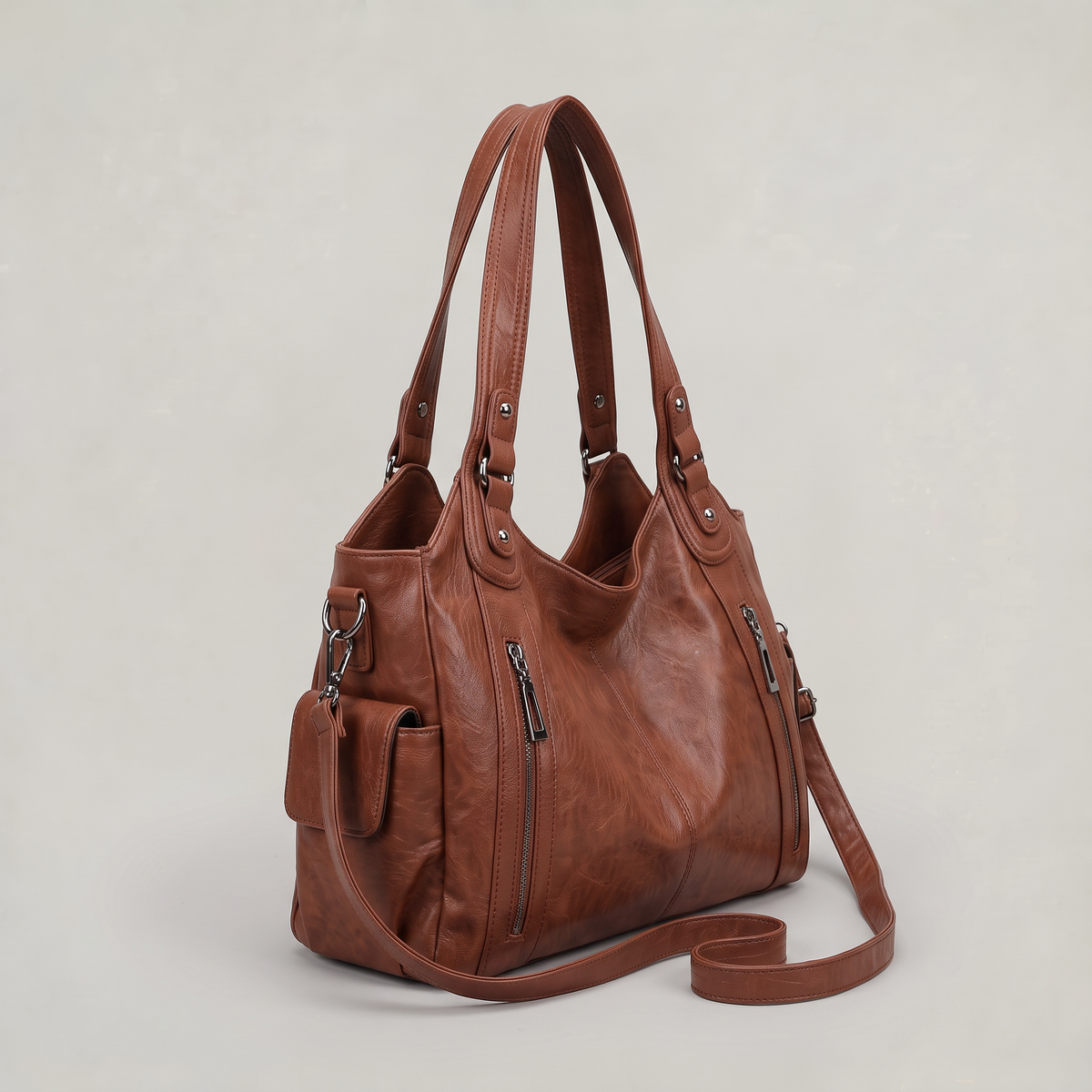 Women’s Crinkled Leather-Effect Multi-Pocket Hobo Bag
