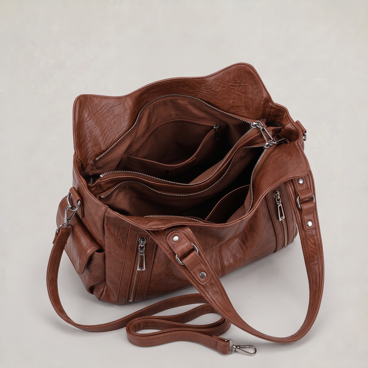 Women’s Crinkled Leather-Effect Multi-Pocket Hobo Bag