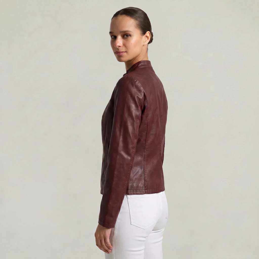 Women’s Faux Leather Jacket - Full Zip Long Sleeve Slim Fit