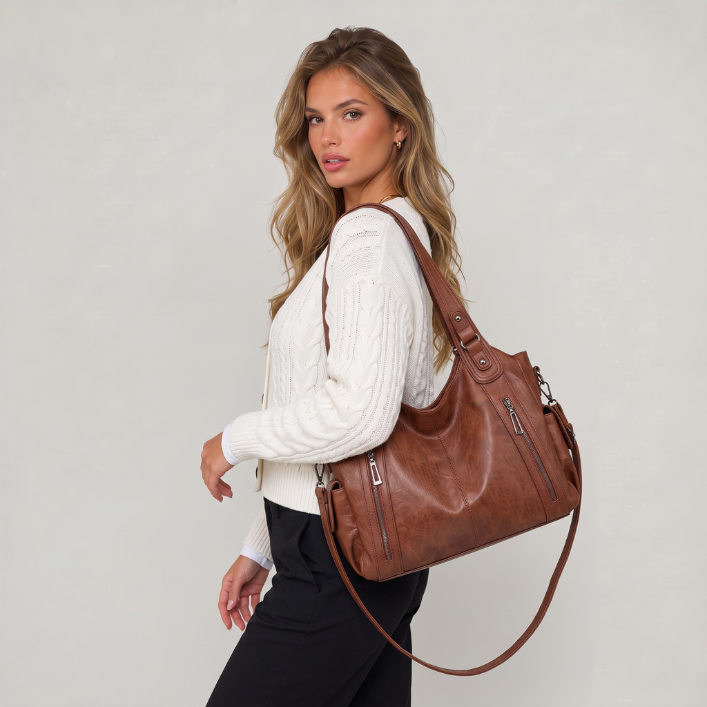 Women’s Crinkled Leather-Effect Multi-Pocket Hobo Bag