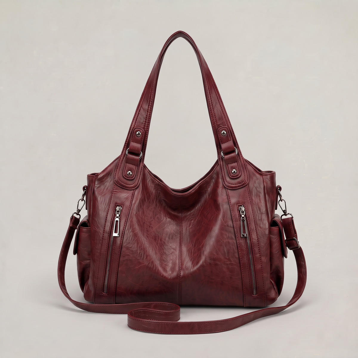Women’s Crinkled Leather-Effect Multi-Pocket Hobo Bag