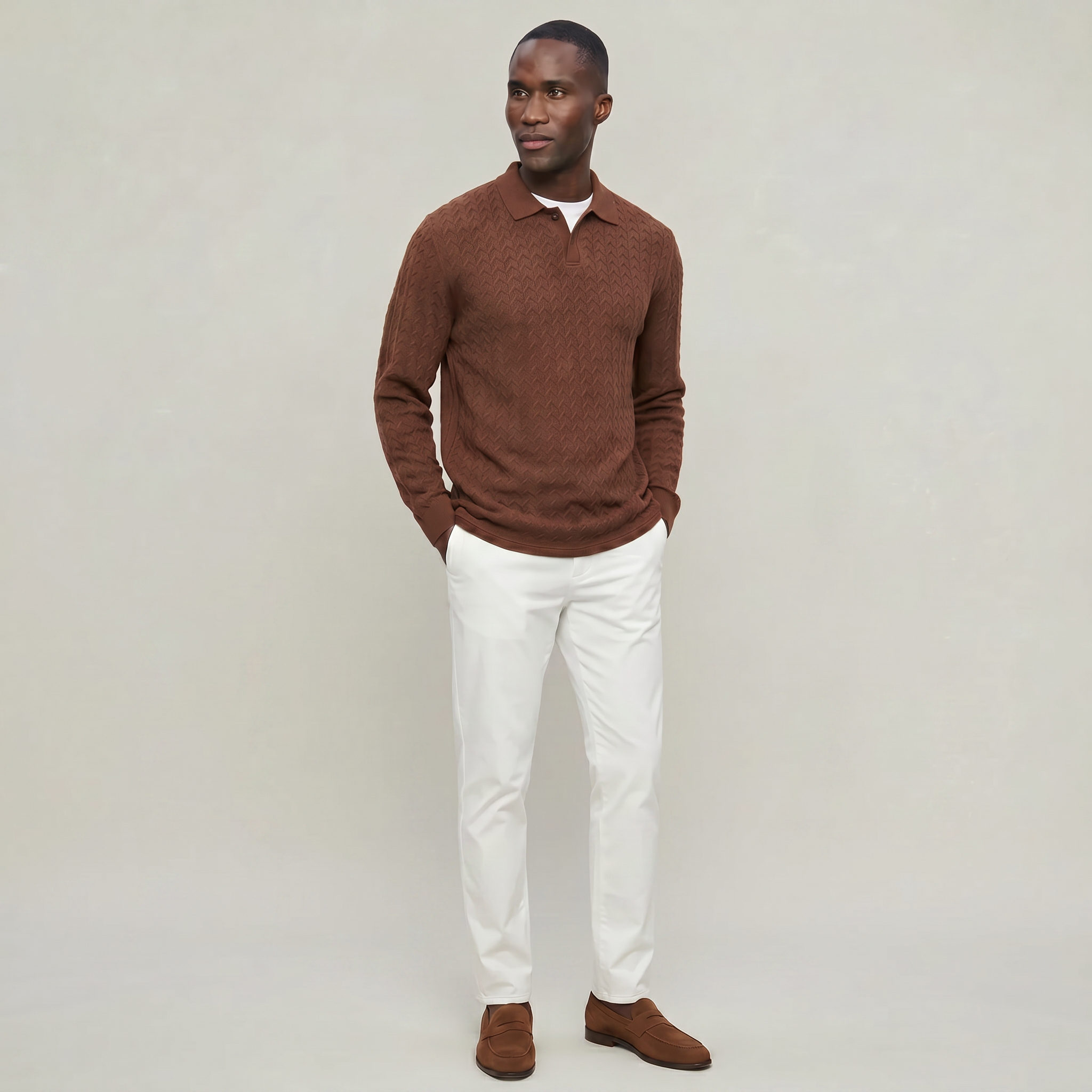 Men’s Cable Knit Polo Sweater - Long Sleeve Business Casual Shirt