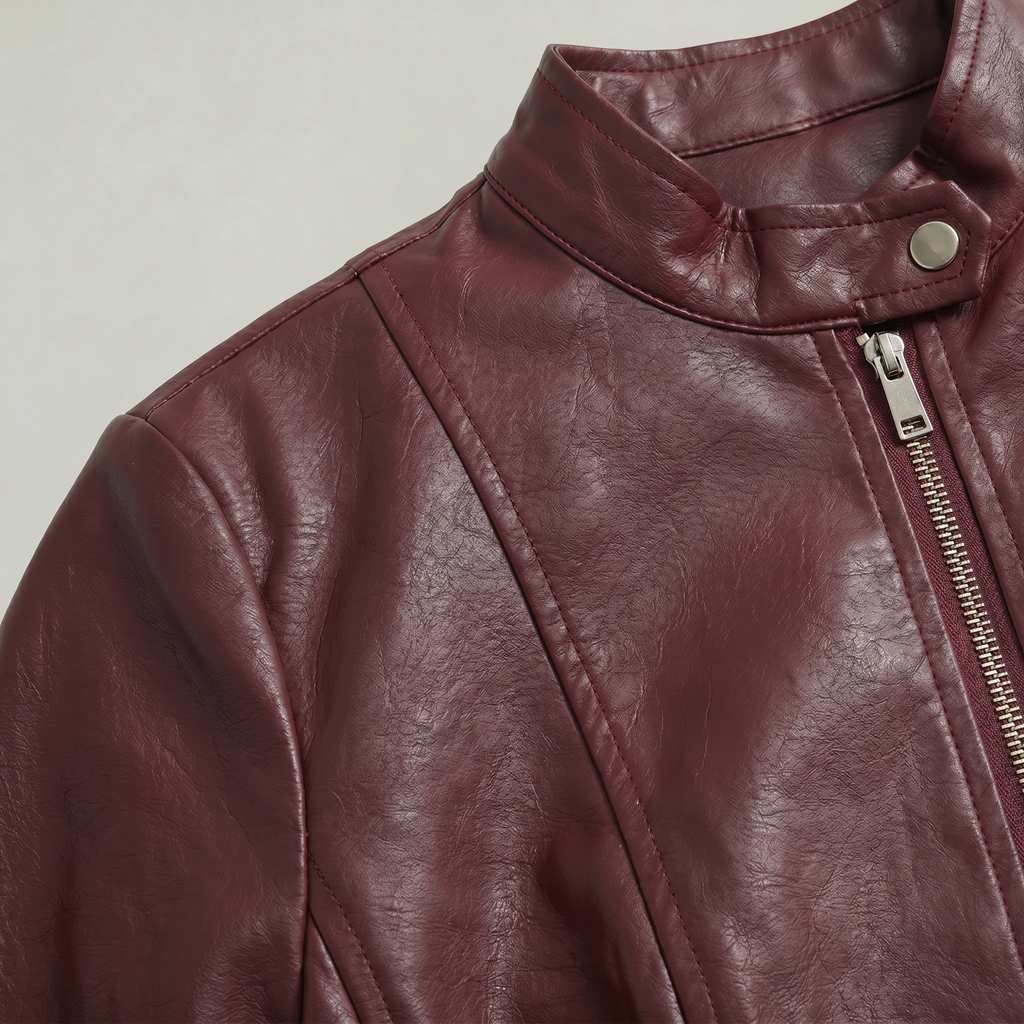 Women’s Faux Leather Jacket - Full Zip Long Sleeve Slim Fit